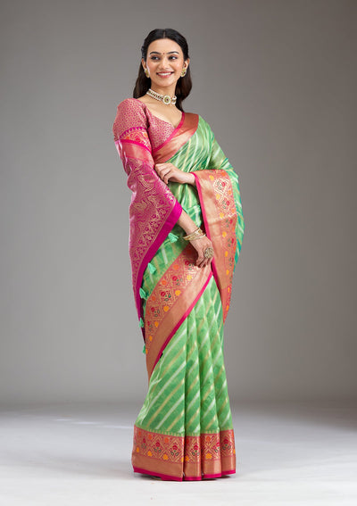 Sea Green Zariwork Tissue Saree-Koskii