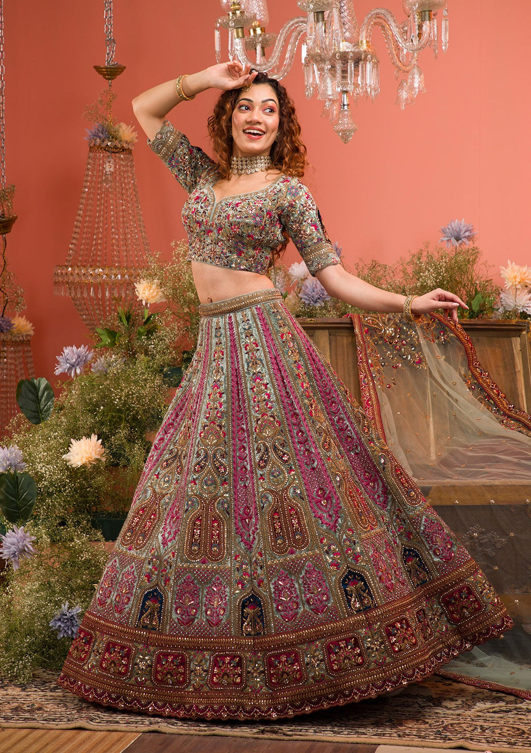 Sea Green Zariwork Velvet Readymade Lehenga-Koskii