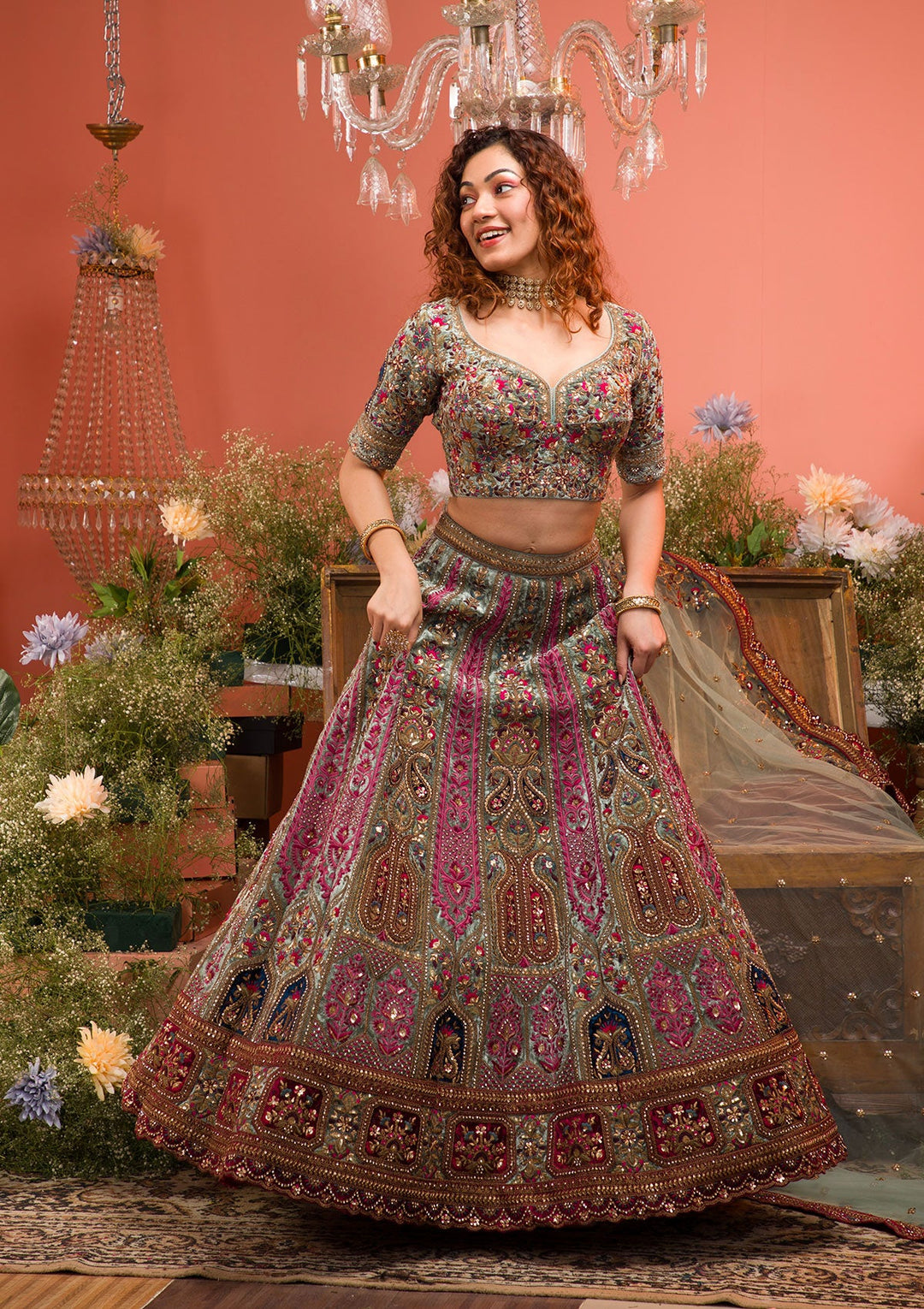 Sea Green Zariwork Velvet Readymade Lehenga-Koskii