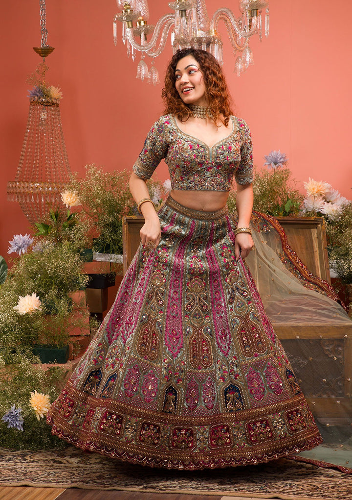 Sea Green Zariwork Velvet Readymade Lehenga-Koskii