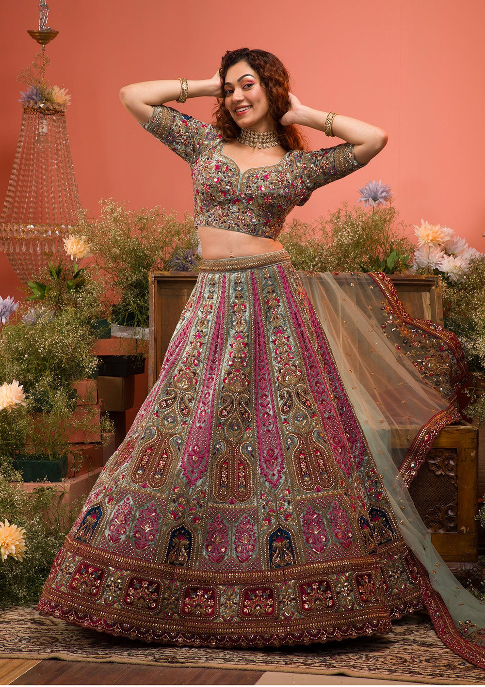Sea Green Zariwork Velvet Readymade Lehenga-Koskii