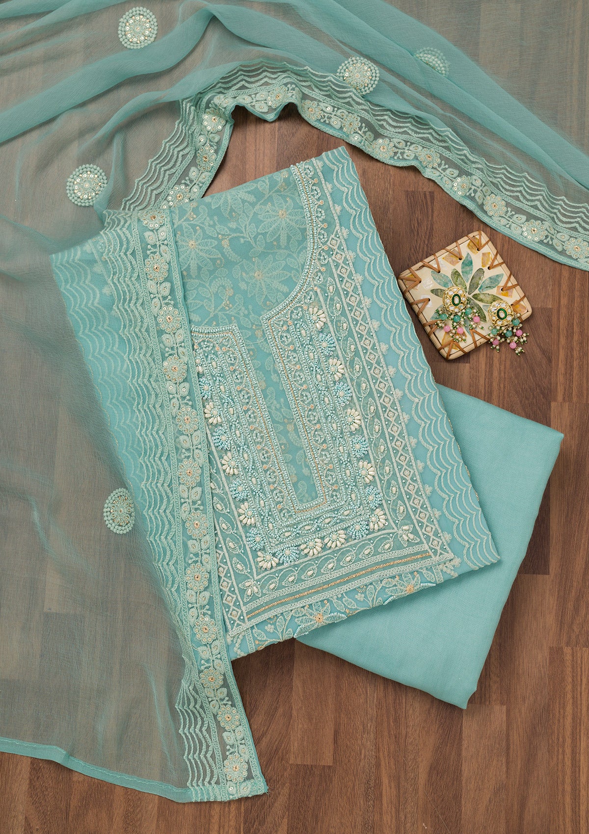 Sky Blue Chikankari Georgette Unstitched Salwar Suit