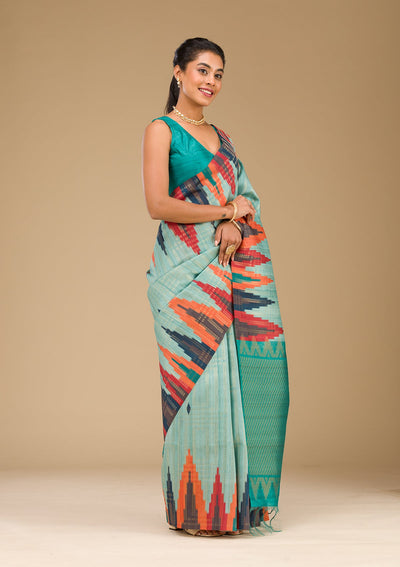 Sky Blue Printed Art Silk Saree-Koskii