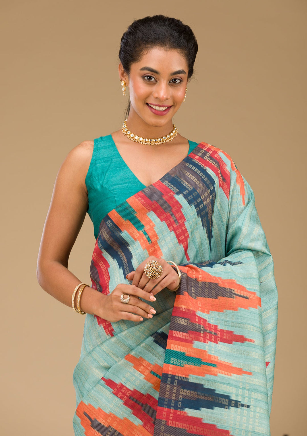 Sky Blue Printed Art Silk Saree-Koskii