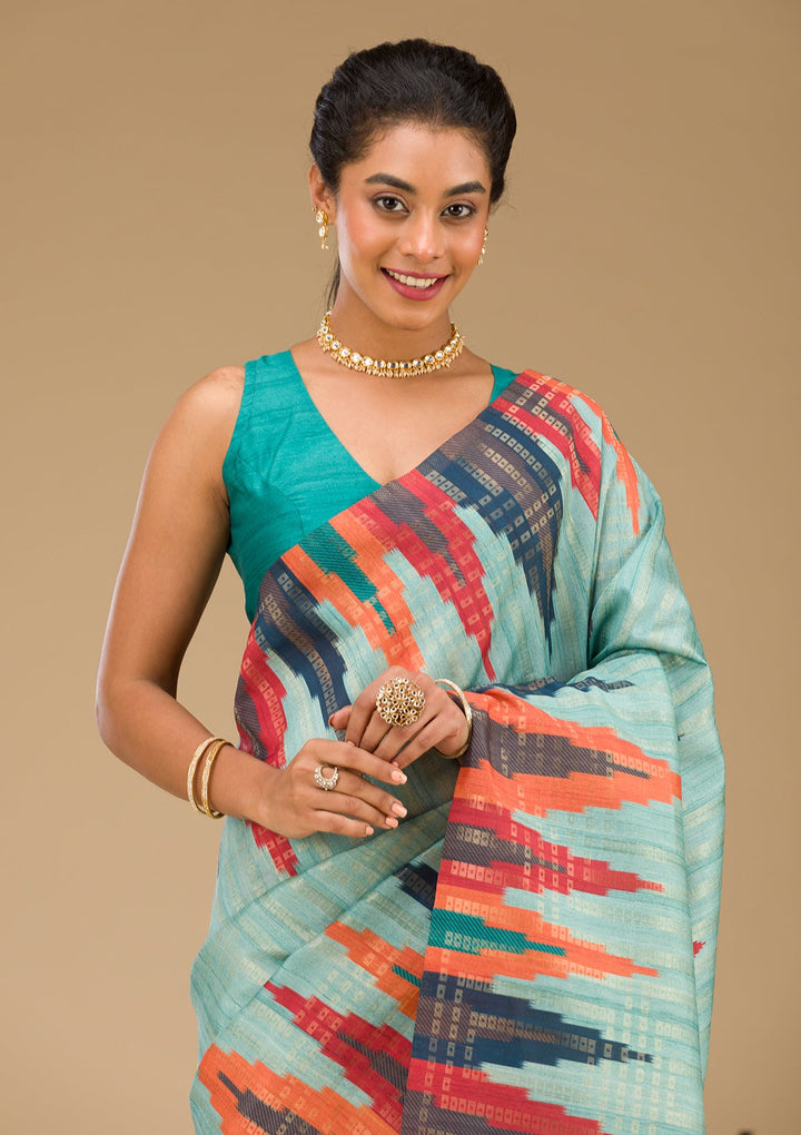 Sky Blue Printed Art Silk Saree-Koskii