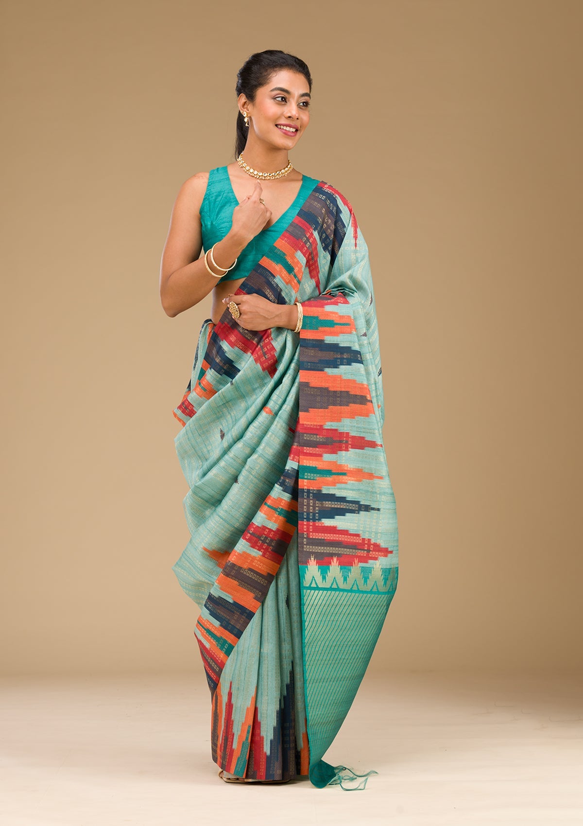 Sky Blue Printed Art Silk Saree-Koskii