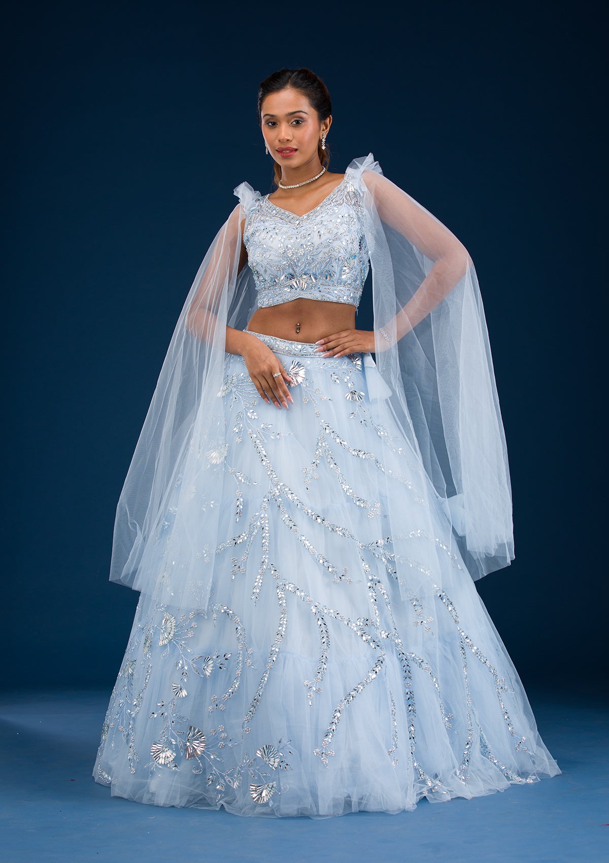 Sky Blue Silver Stonework Net Readymade Lehenga