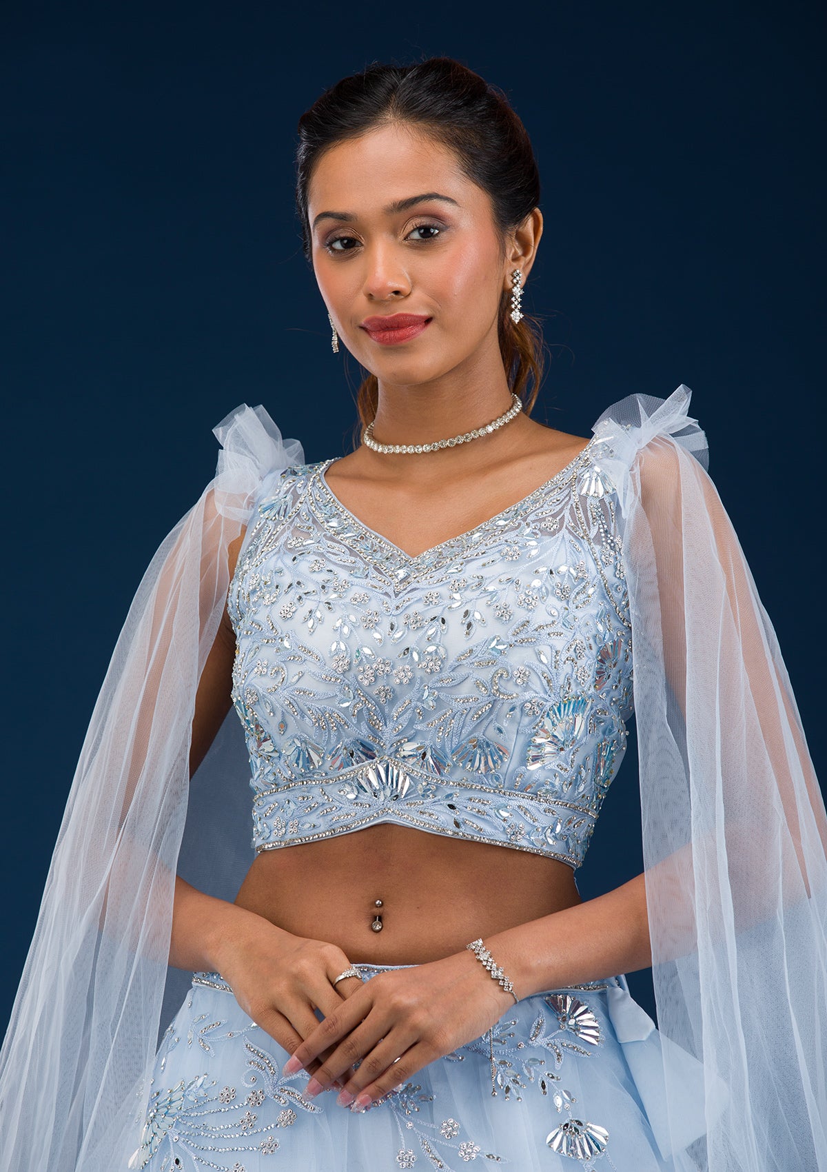 Sky Blue Silver Stonework Net Readymade Lehenga