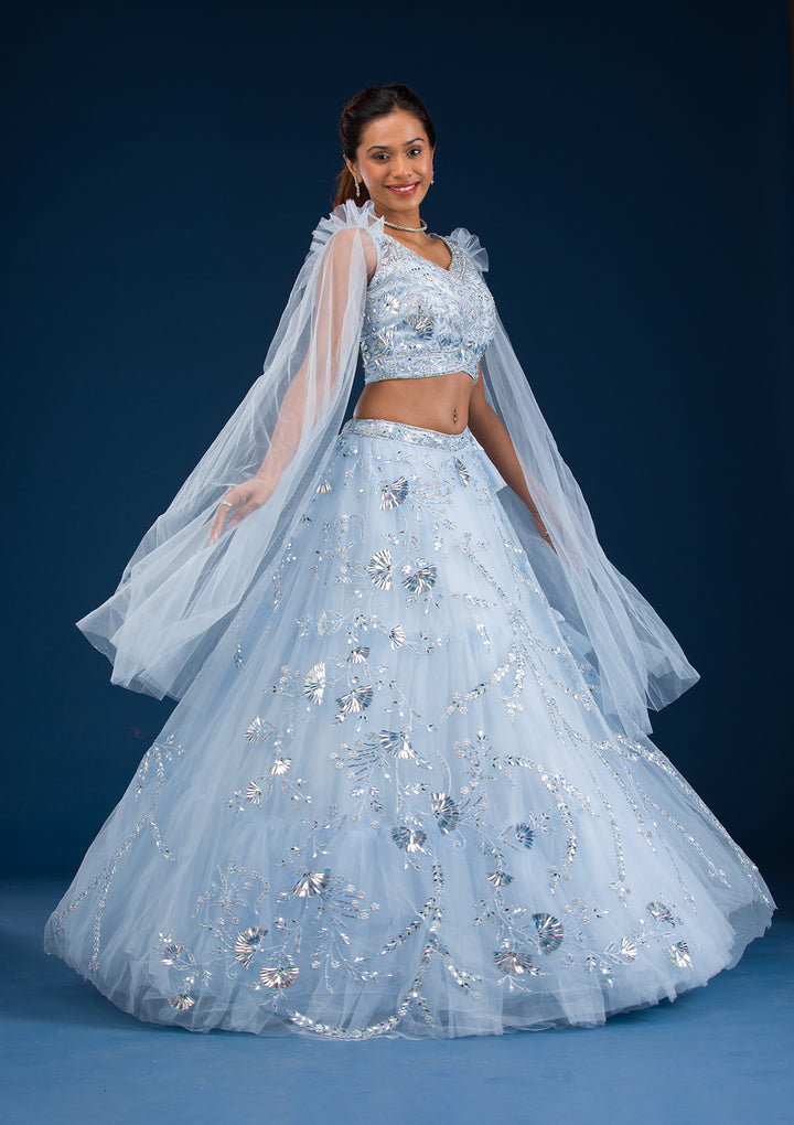Sky Blue Silver Stonework Net Readymade Lehenga