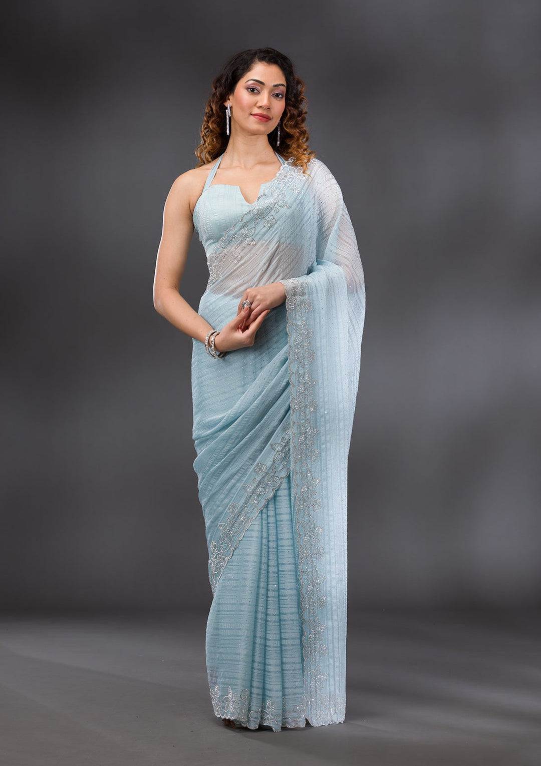 Sky Blue Stonework Chiffon Saree-Koskii