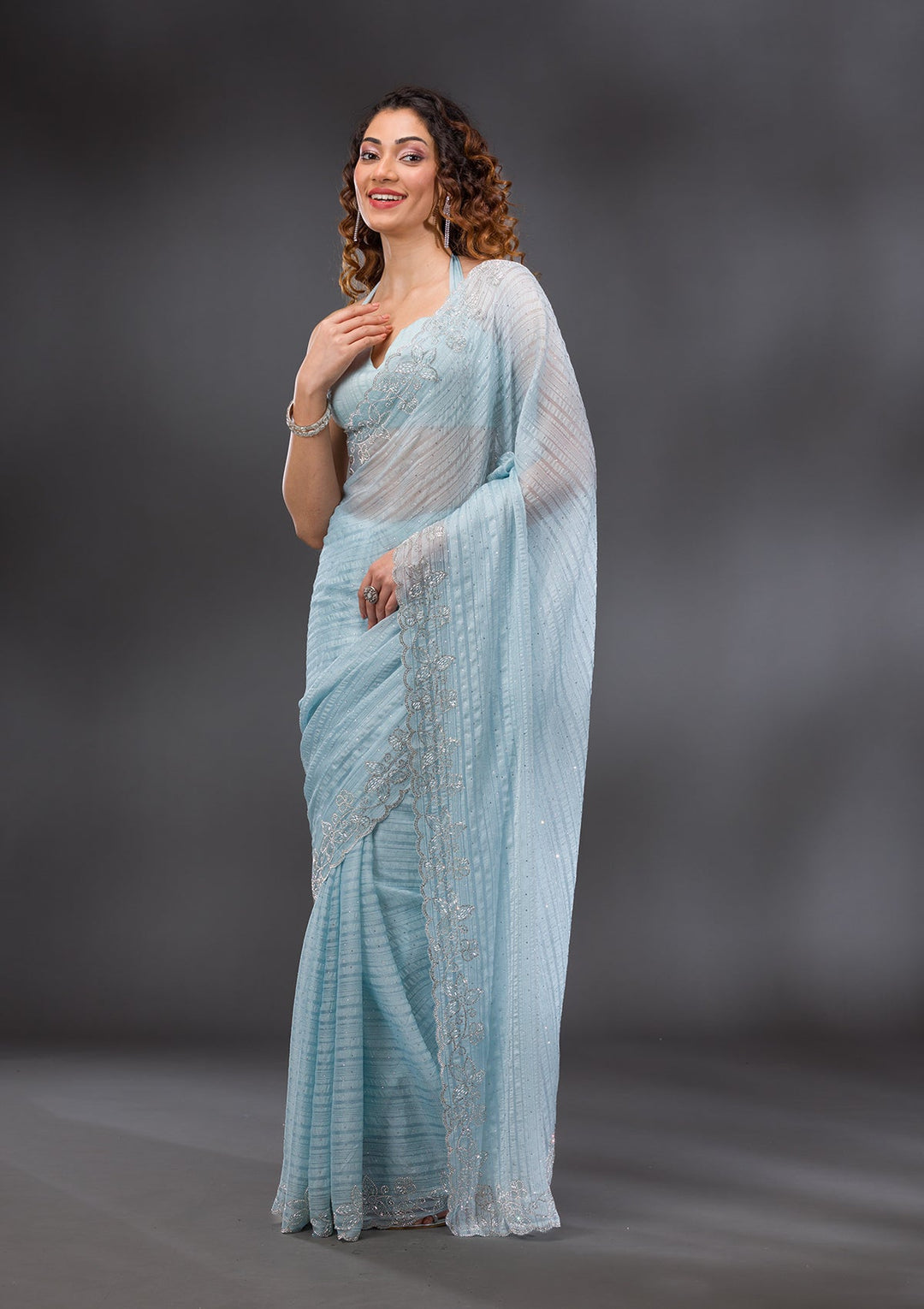 Sky Blue Stonework Chiffon Saree-Koskii