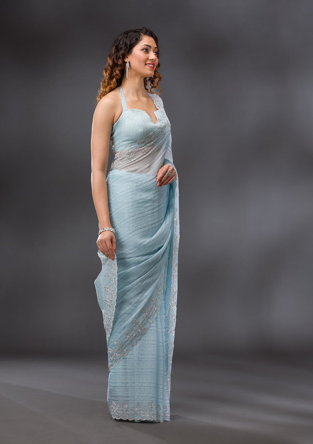 Sky Blue Stonework Chiffon Saree-Koskii