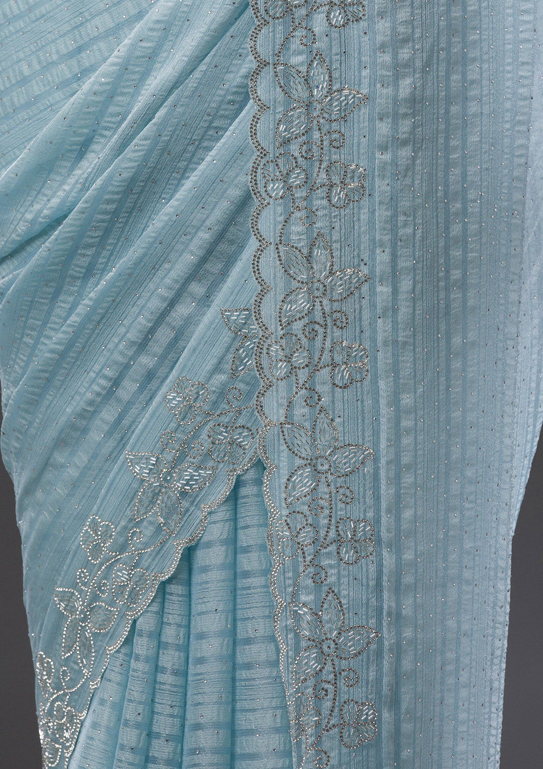 Sky Blue Stonework Chiffon Saree-Koskii