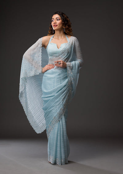 Sky Blue Stonework Chiffon Saree-Koskii