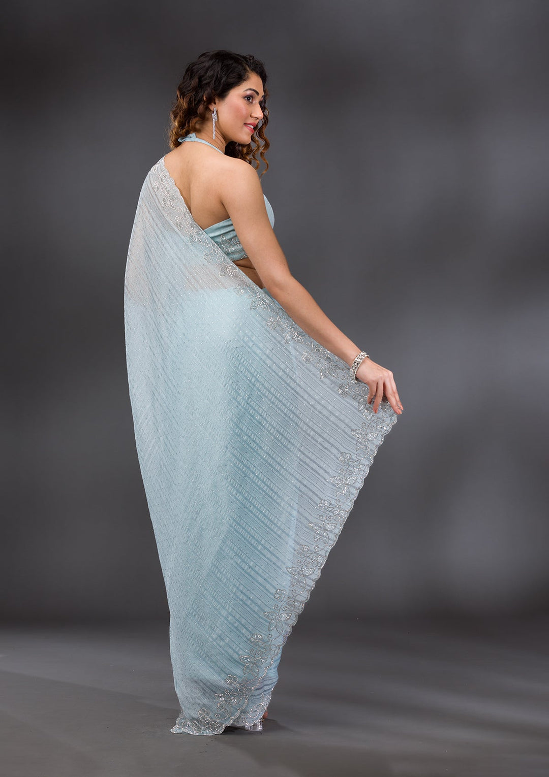 Sky Blue Stonework Chiffon Saree-Koskii