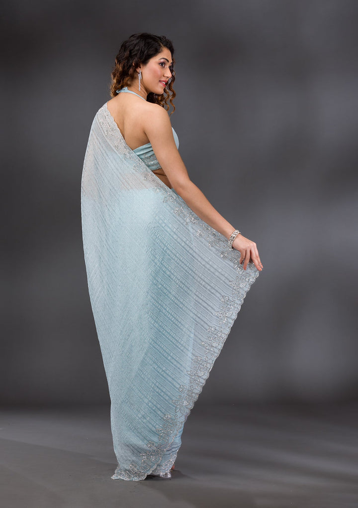 Sky Blue Stonework Chiffon Saree-Koskii