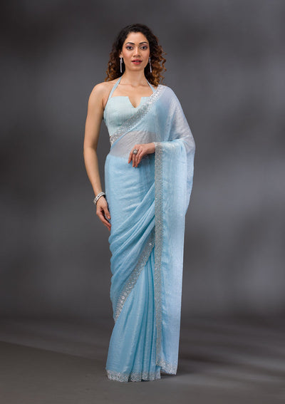 Sky Blue Stonework Chiffon Saree-Koskii