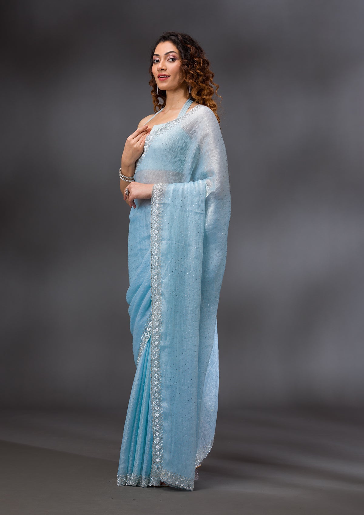 Sky Blue Stonework Chiffon Saree-Koskii