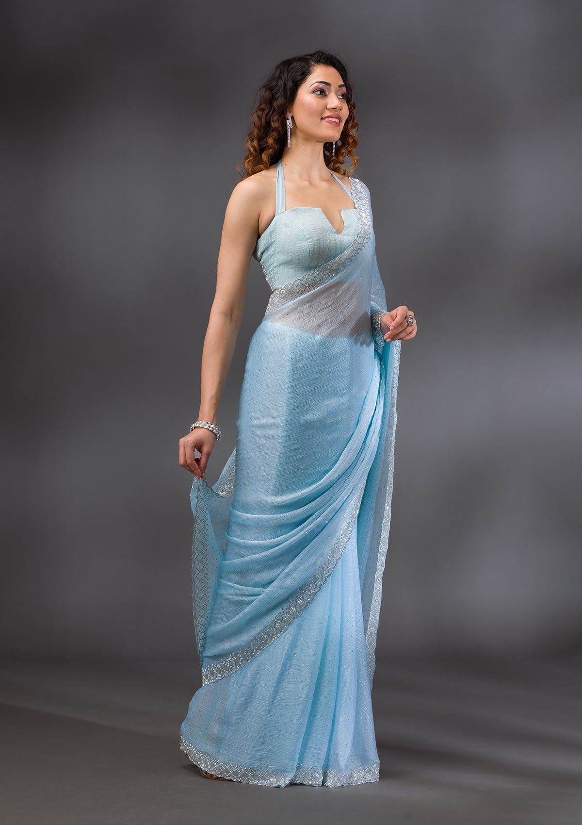 Sky Blue Stonework Chiffon Saree-Koskii