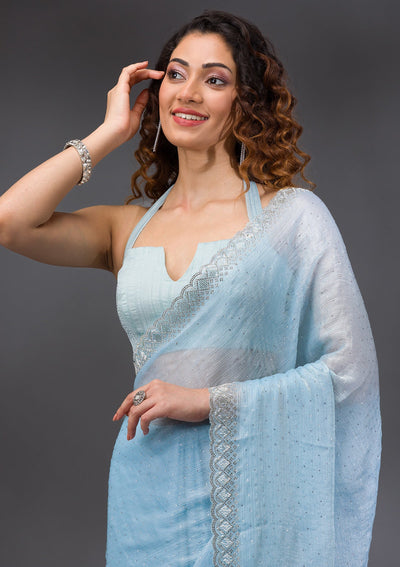 Sky Blue Stonework Chiffon Saree-Koskii