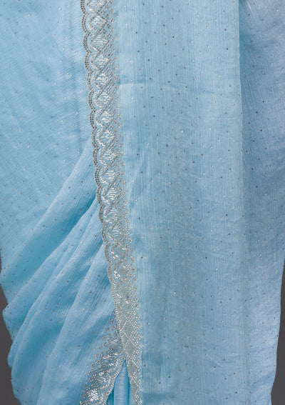 Sky Blue Stonework Chiffon Saree-Koskii