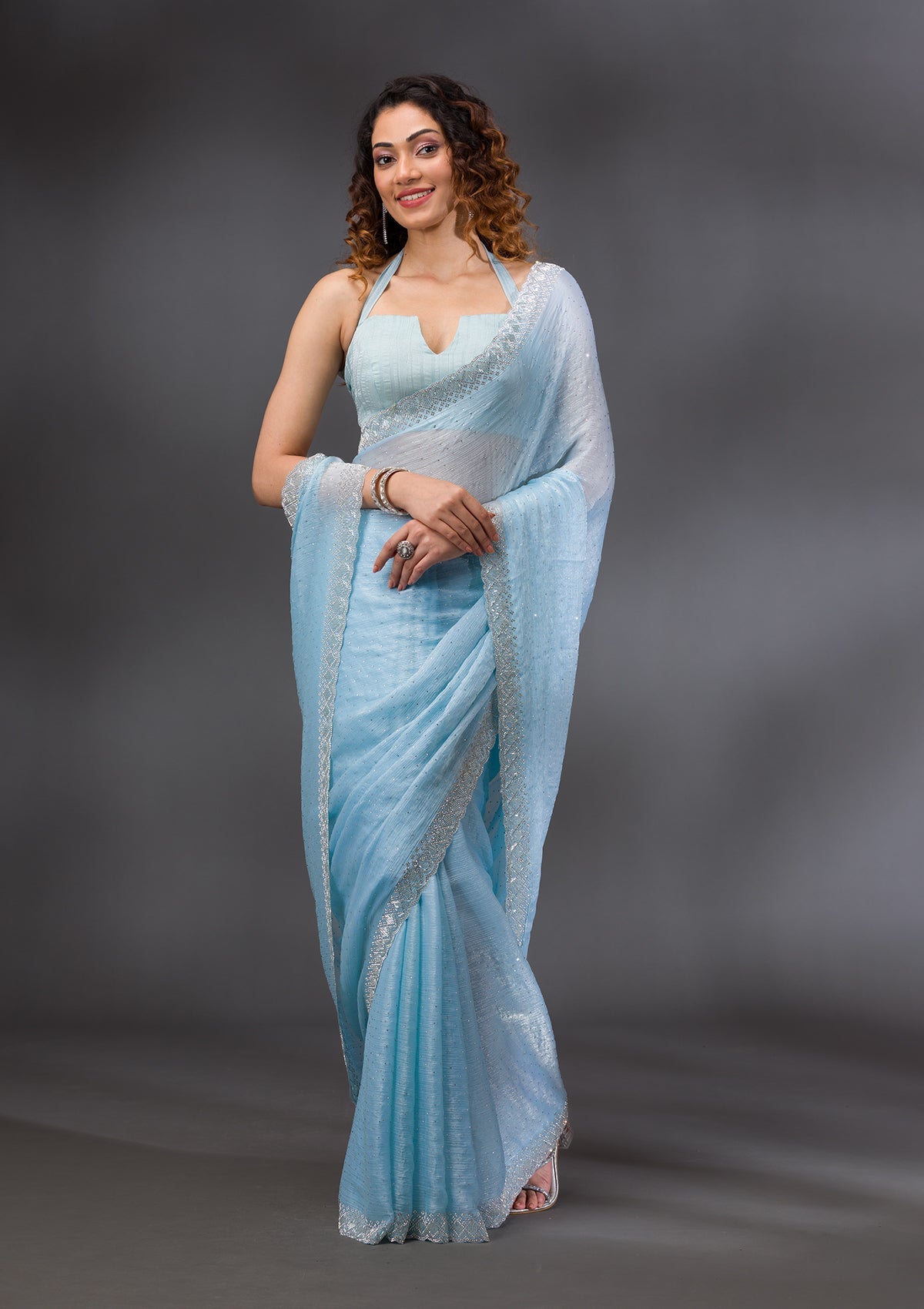 Sky Blue Stonework Chiffon Saree-Koskii