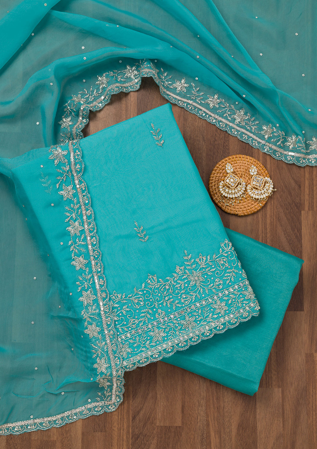 Sky Blue Stonework Tissue Unstitched Salwar Suit