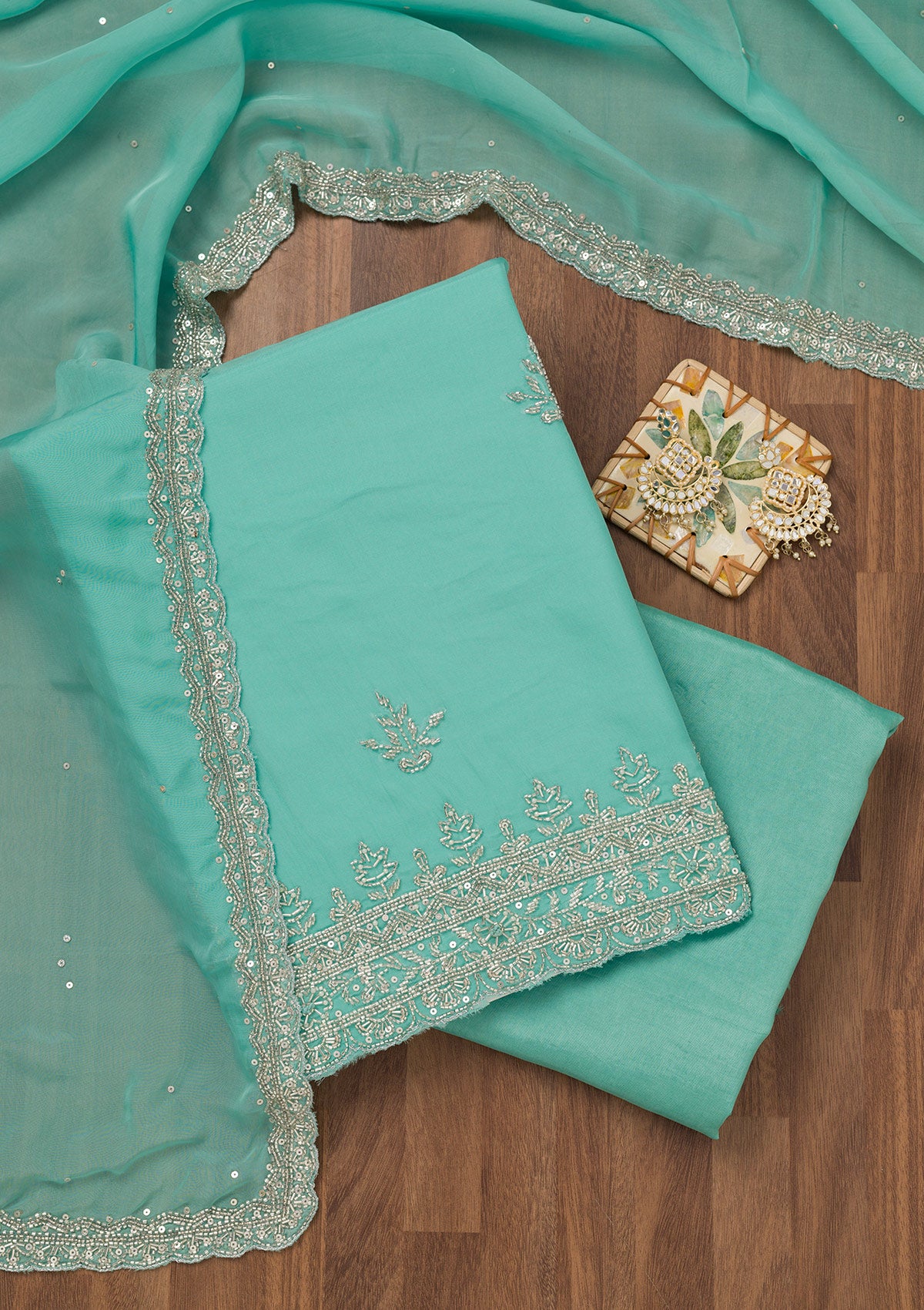 Sky Blue Stonework Tissue Unstitched Salwar Suit