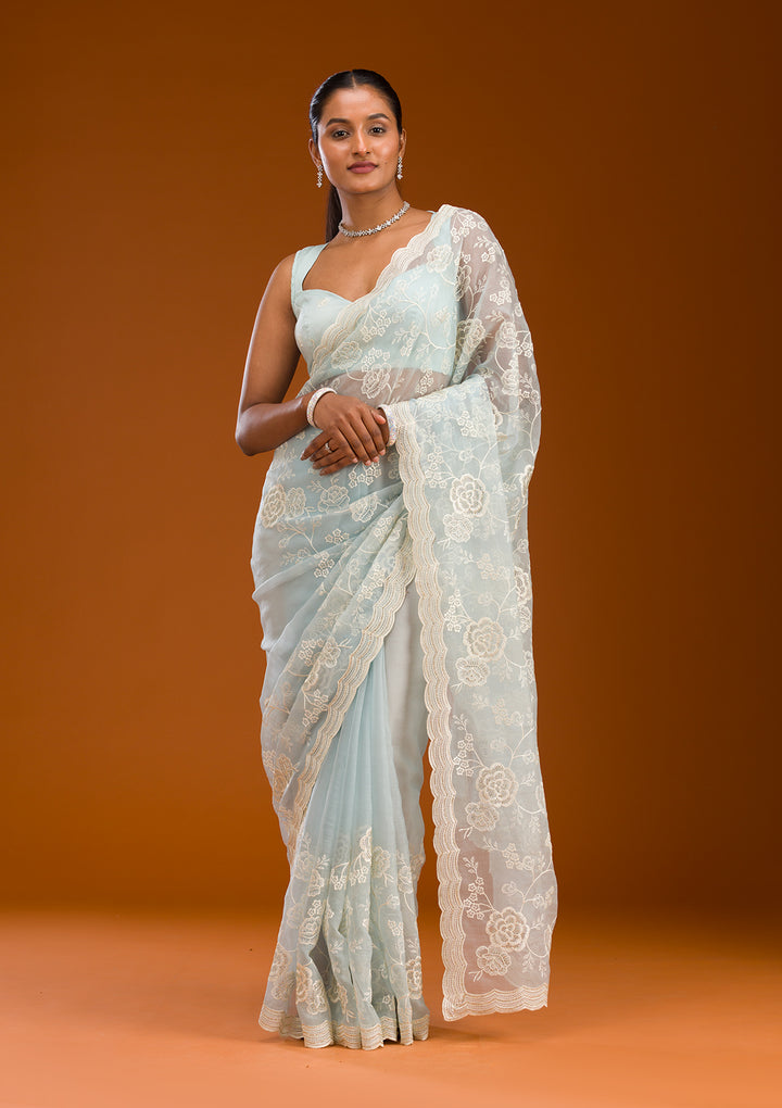 Sky Blue Threadwork Chiffon Saree