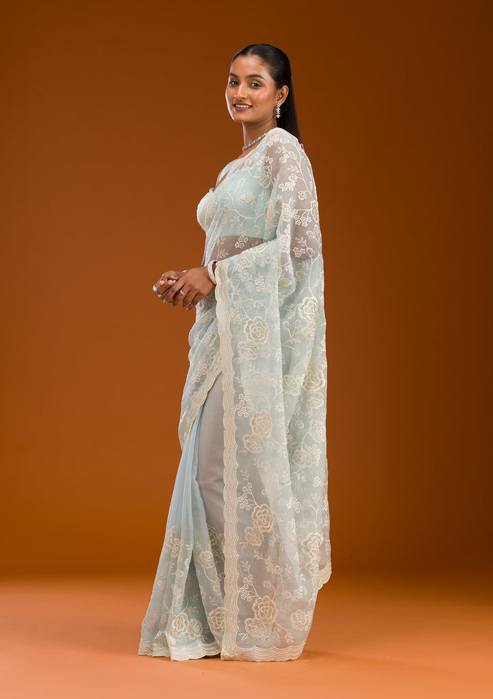 Sky Blue Threadwork Chiffon Saree