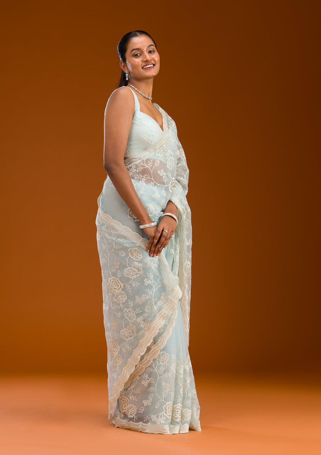 Sky Blue Threadwork Chiffon Saree