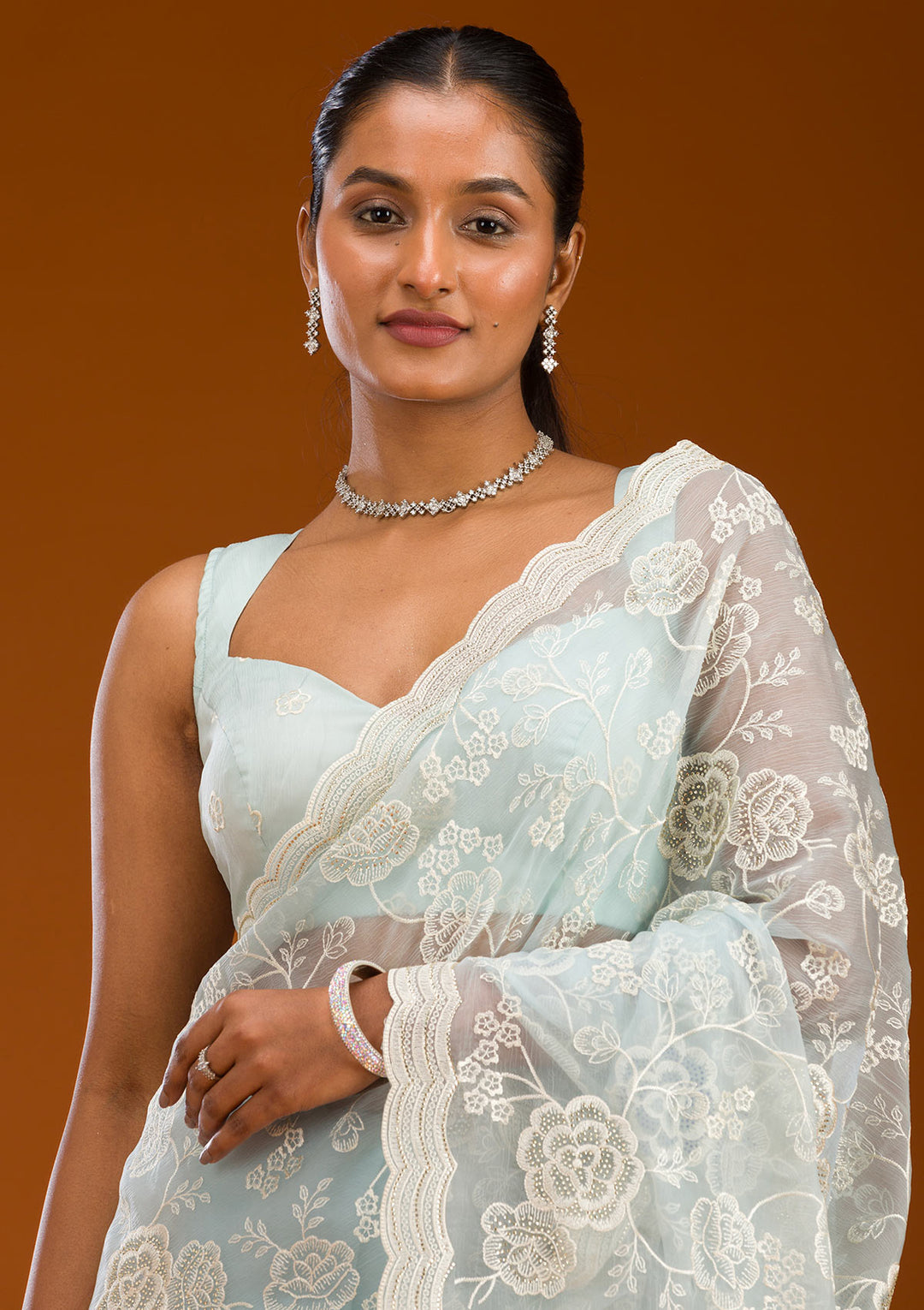 Sky Blue Threadwork Chiffon Saree