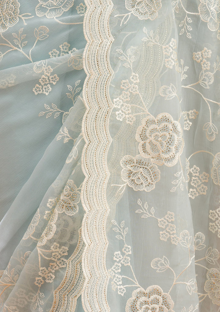 Sky Blue Threadwork Chiffon Saree