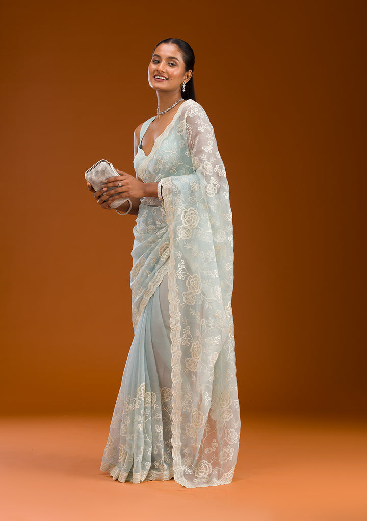 Sky Blue Threadwork Chiffon Saree