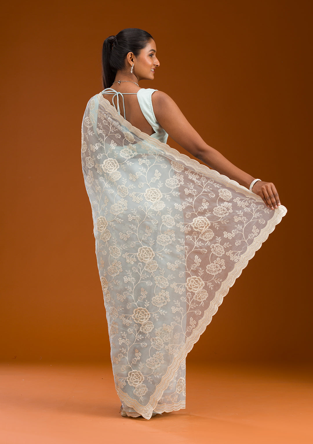 Sky Blue Threadwork Chiffon Saree