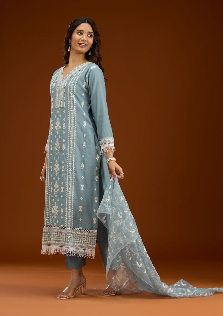 Sky Blue Threadwork Semi Crepe Readymade Salwar Suit-Koskii