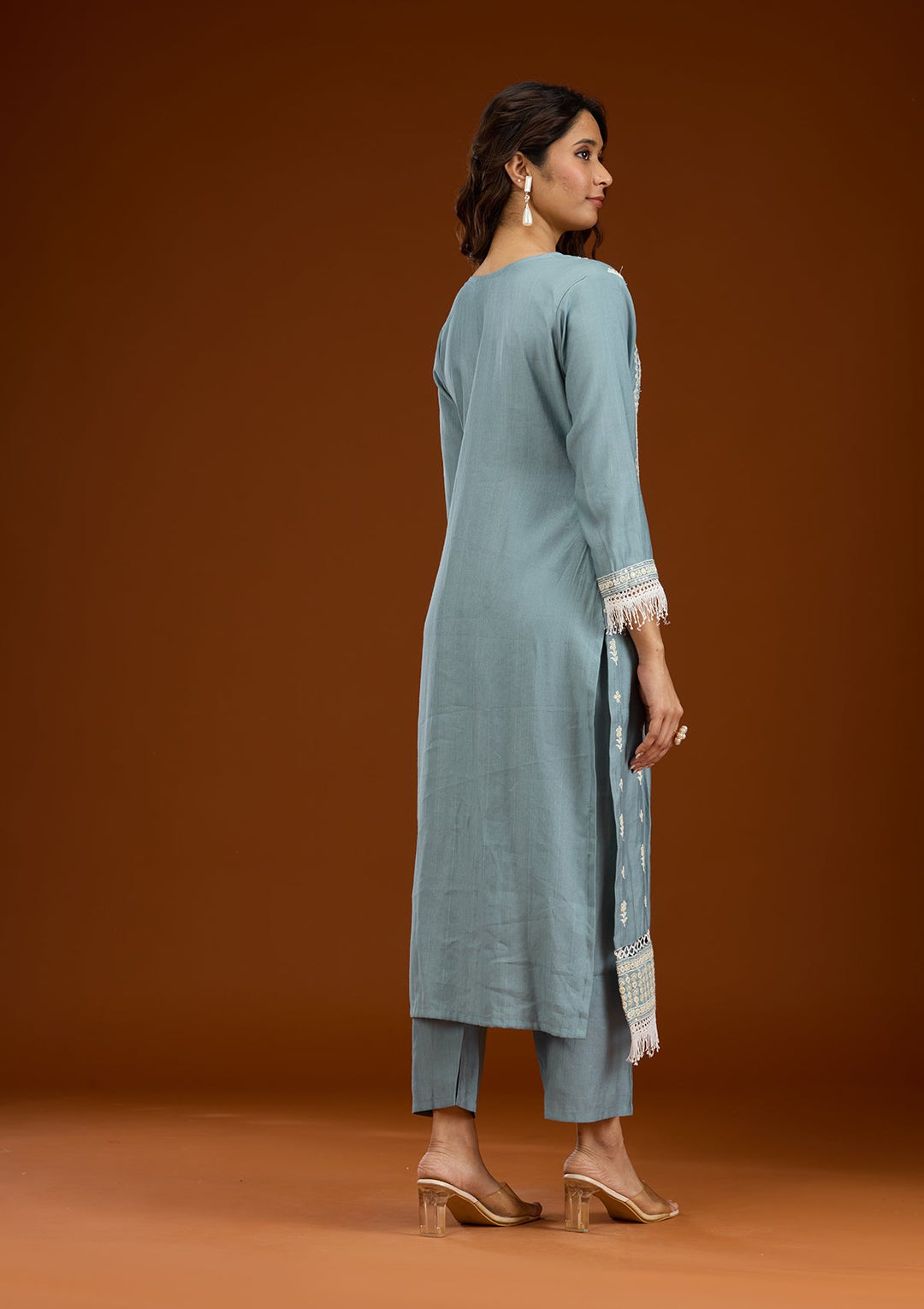Sky Blue Threadwork Semi Crepe Readymade Salwar Suit-Koskii