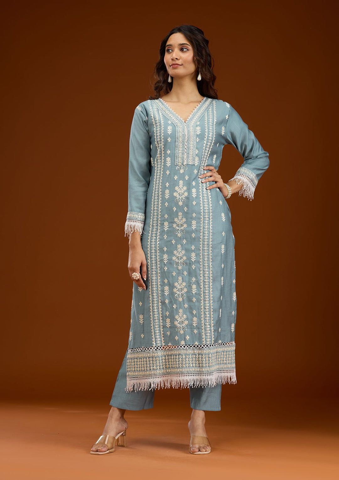 Sky Blue Threadwork Semi Crepe Readymade Salwar Suit-Koskii