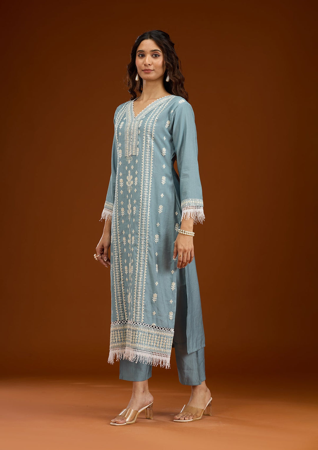 Sky Blue Threadwork Semi Crepe Readymade Salwar Suit-Koskii