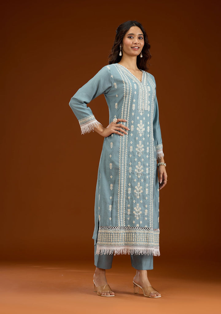 Sky Blue Threadwork Semi Crepe Readymade Salwar Suit-Koskii