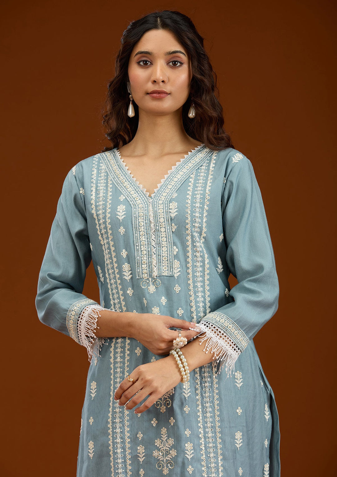 Sky Blue Threadwork Semi Crepe Readymade Salwar Suit-Koskii