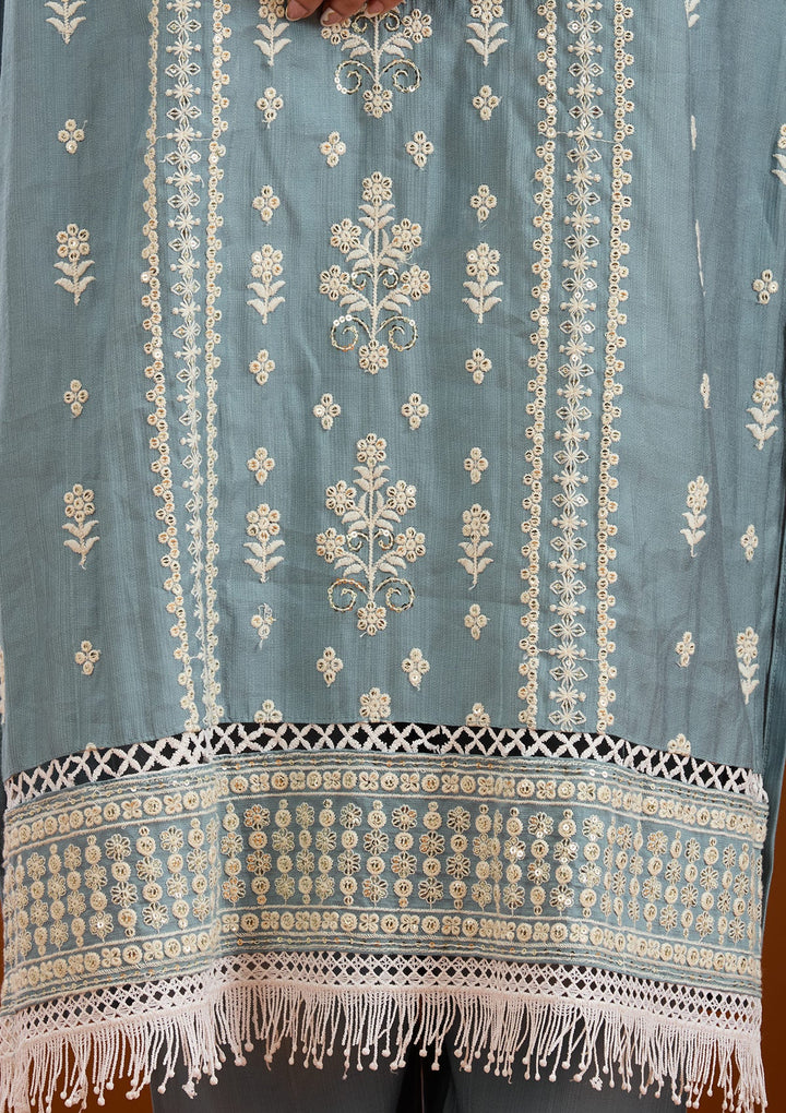 Sky Blue Threadwork Semi Crepe Readymade Salwar Suit-Koskii