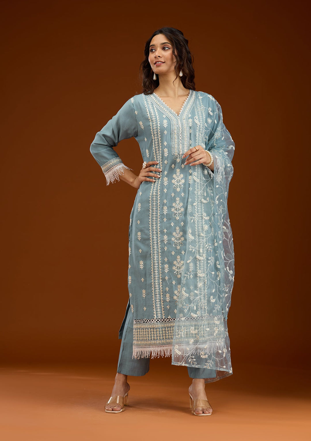 Sky Blue Threadwork Semi Crepe Readymade Salwar Suit-Koskii