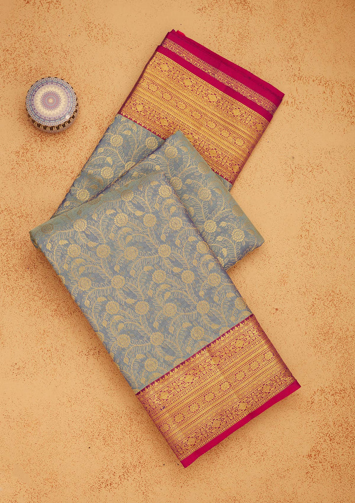 Sky Blue Zariwork Pure Silk Saree-Koskii