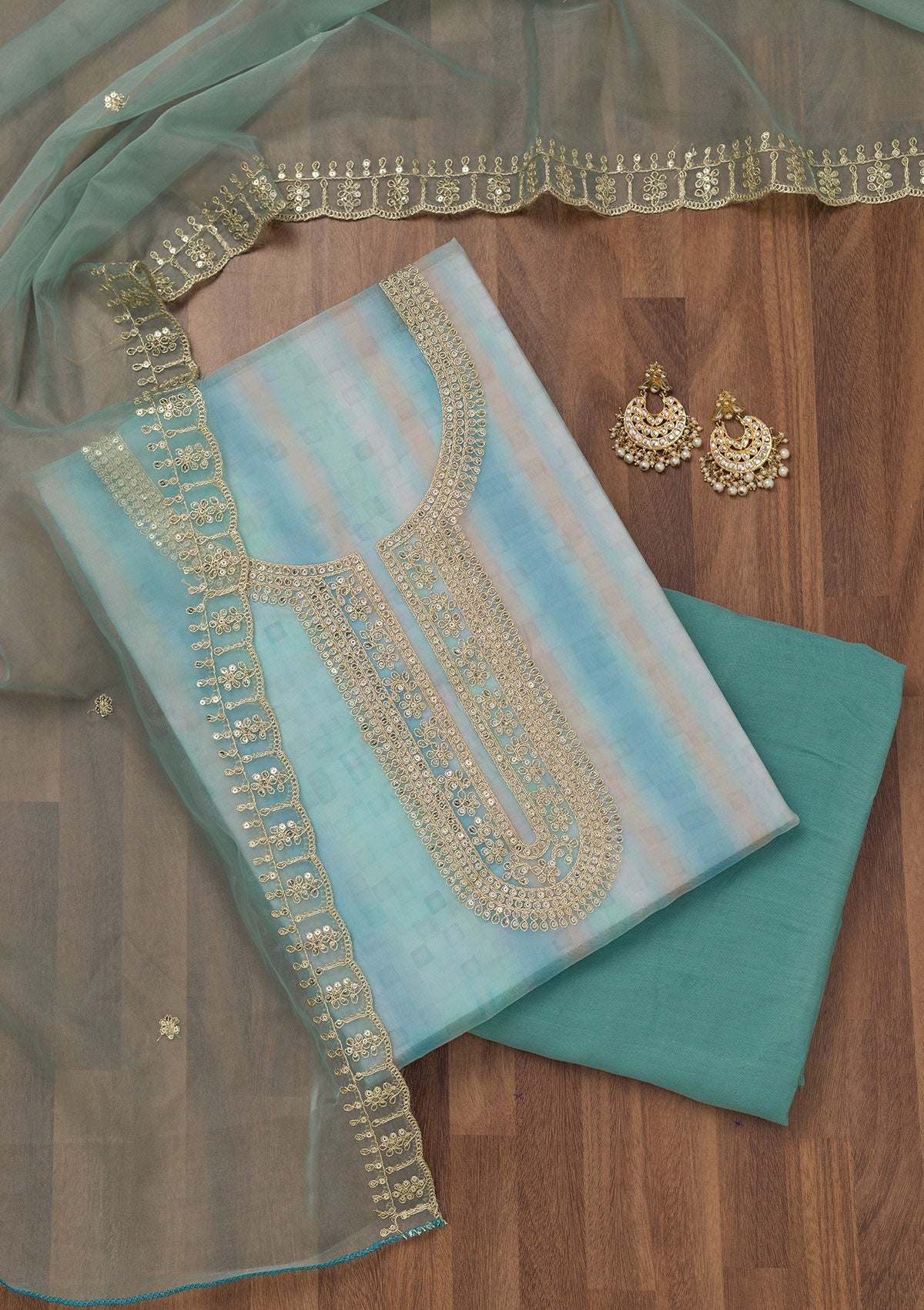 Sky Blue Zariwork Semi Crepe Unstitched Salwar Suit-Koskii