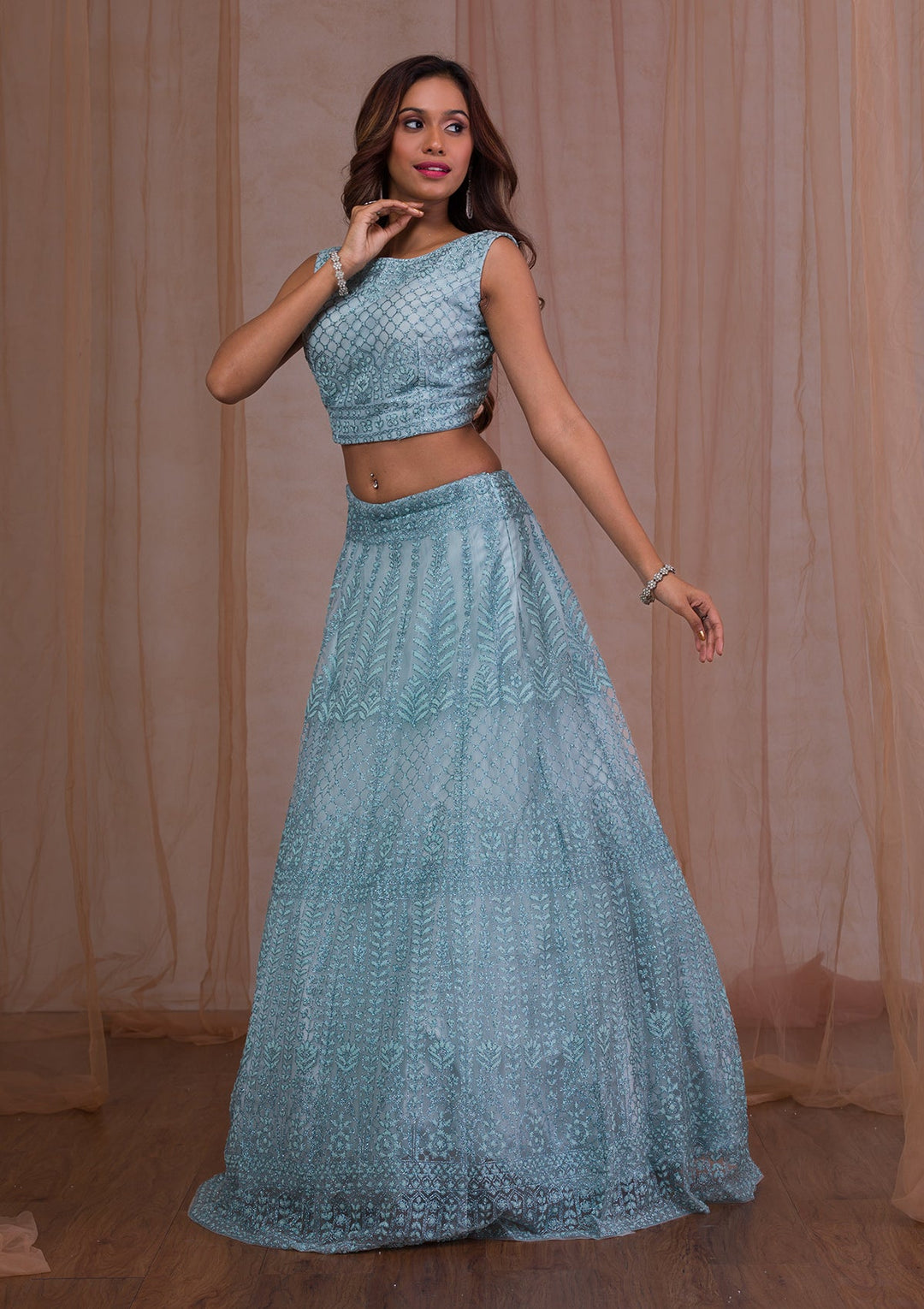 Sky Blue Cudana Net Readymade Lehenga-Koskii