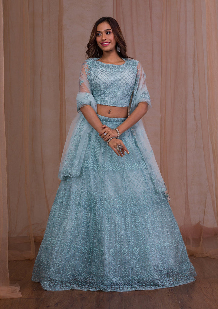 Sky Blue Cudana Net Readymade Lehenga-Koskii