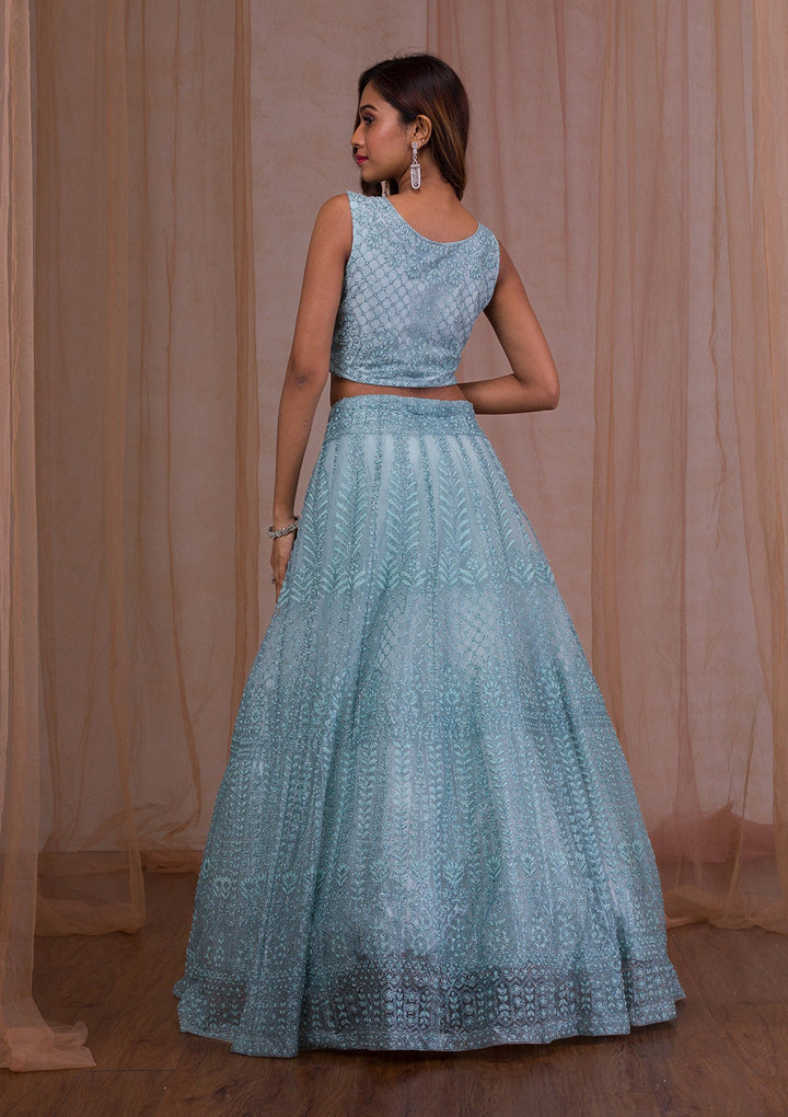 Sky Blue Cudana Net Readymade Lehenga-Koskii
