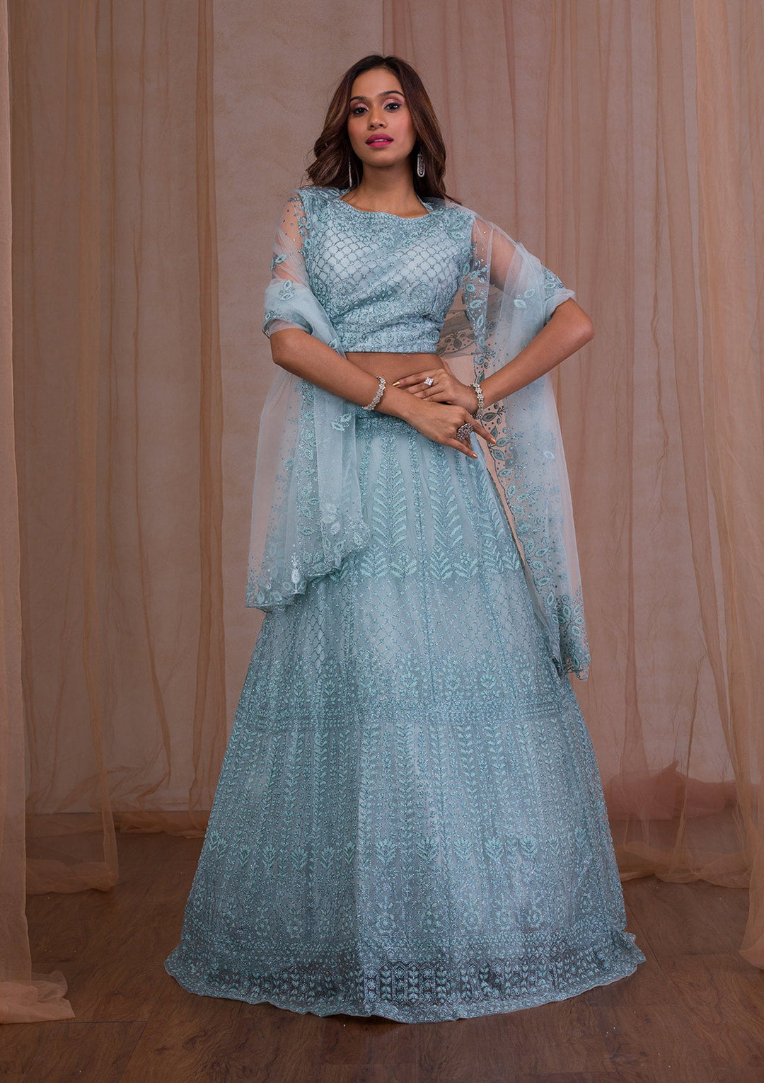 Sky Blue Cudana Net Readymade Lehenga-Koskii