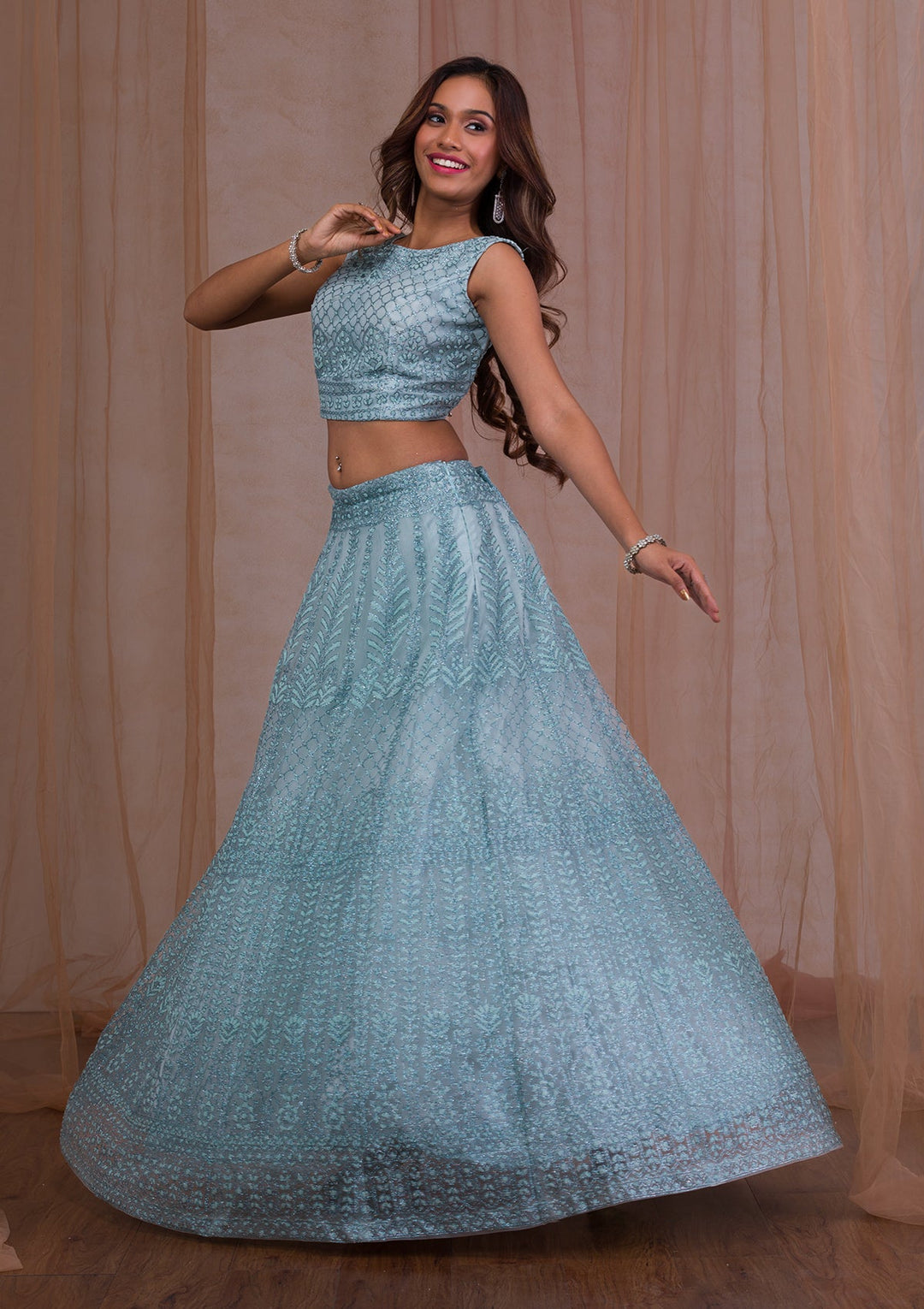 Sky Blue Cudana Net Readymade Lehenga-Koskii